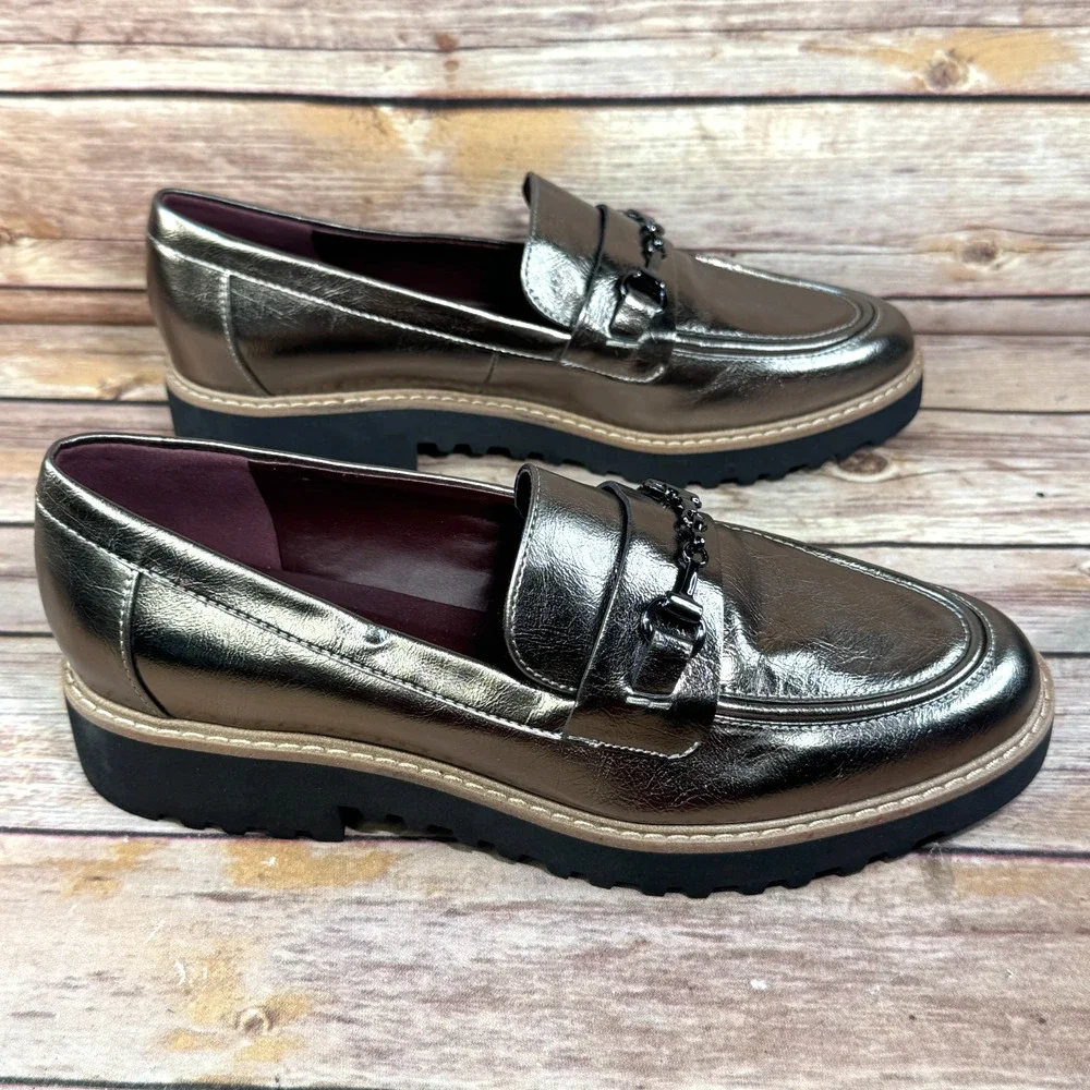 Franco Sarto Womens Metallic Pewter Faux Leather Chunky Sole Colette Loafers 7M